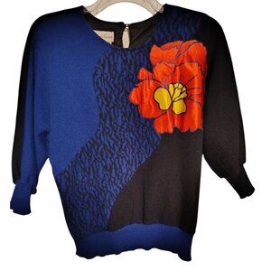 Vtg. Anthony Sicari Sweater Size 14, Large Blue Black Sweater Pink Flower Dolman